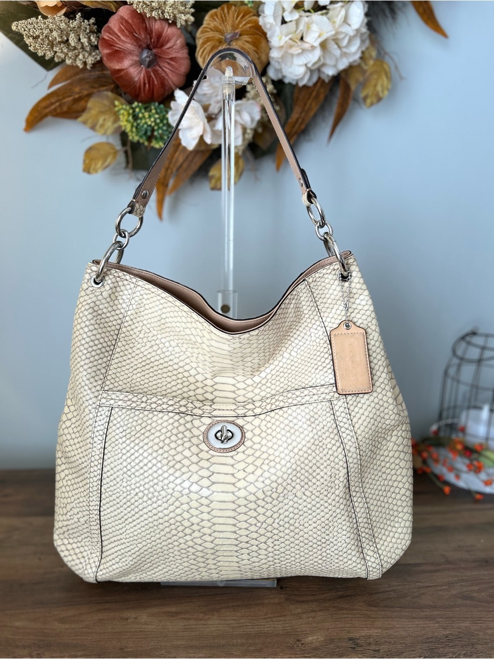 Coach Cream Snakeskin-Embossed Leather Shoulder Hobo Bag